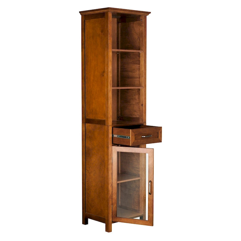 Freestanding Linen Cabinet with Glass Doors and Adjustable Shelf, Oak Finish