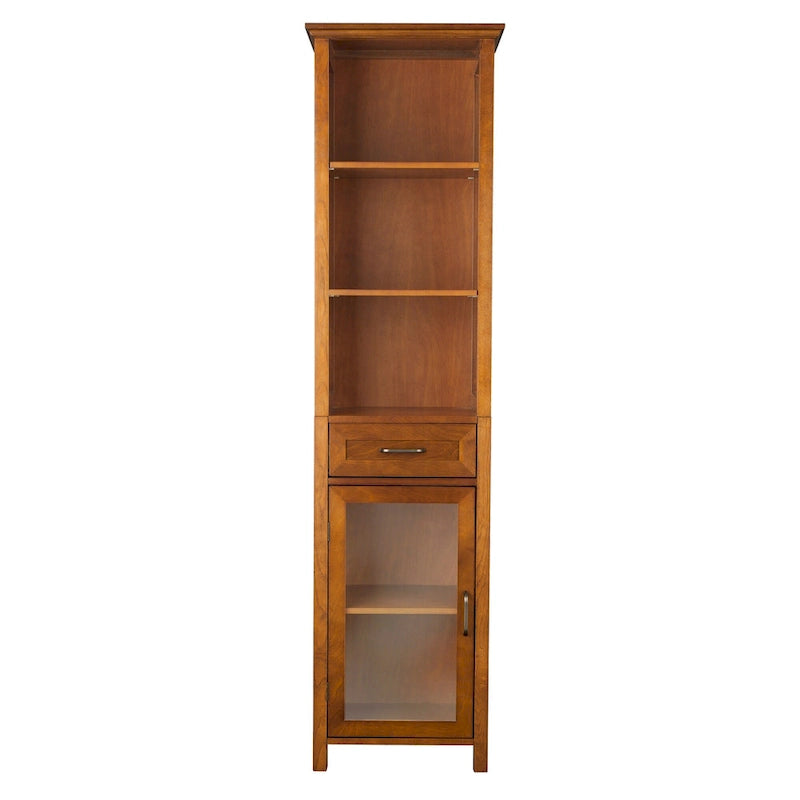 Freestanding Linen Cabinet with Glass Doors and Adjustable Shelf, Oak Finish