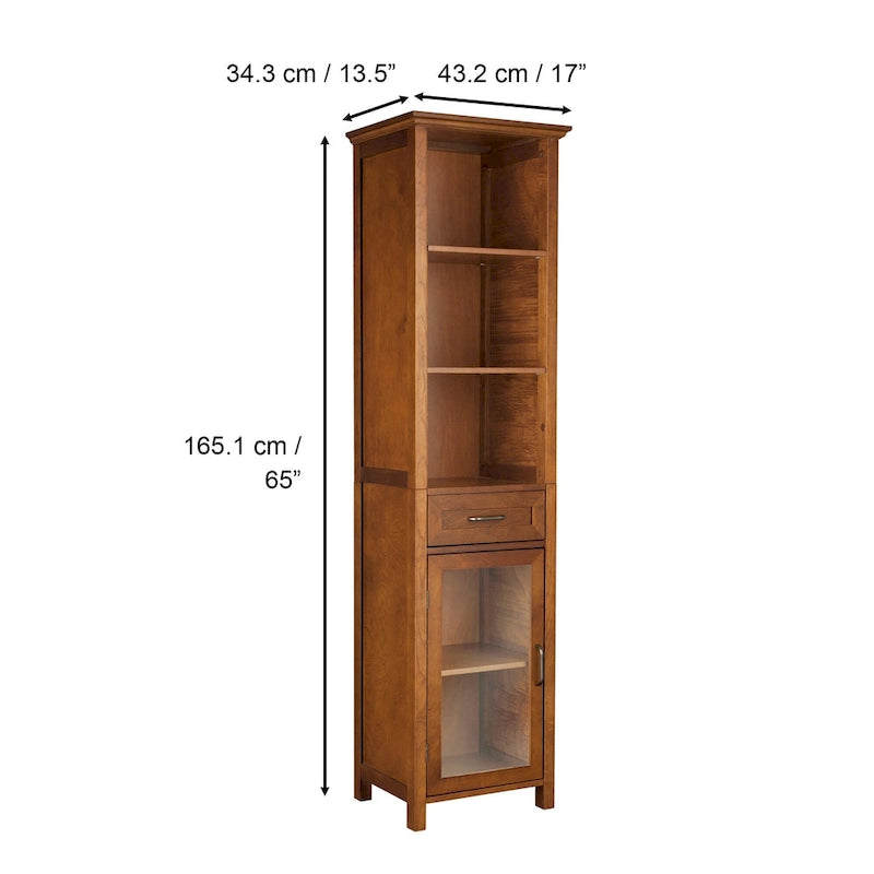 Freestanding Linen Cabinet with Glass Doors and Adjustable Shelf, Oak Finish