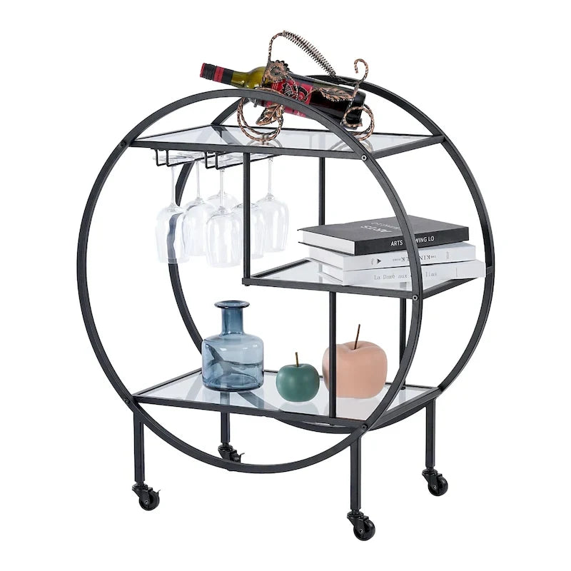 Round 3-Tier Glass Shelf Bar Cart with Gold or Black Metal Frame