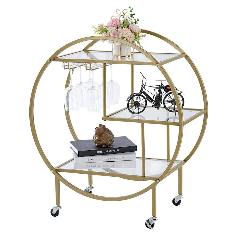 Round 3-Tier Glass Shelf Bar Cart with Gold or Black Metal Frame