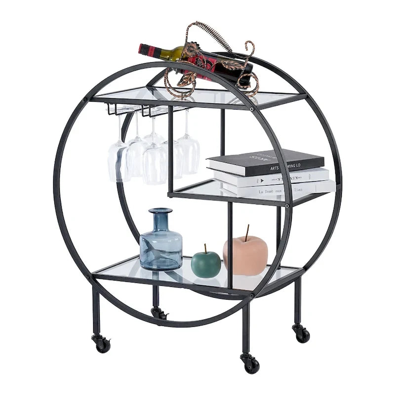 Round 3-Tier Glass Shelf Bar Cart with Gold or Black Metal Frame