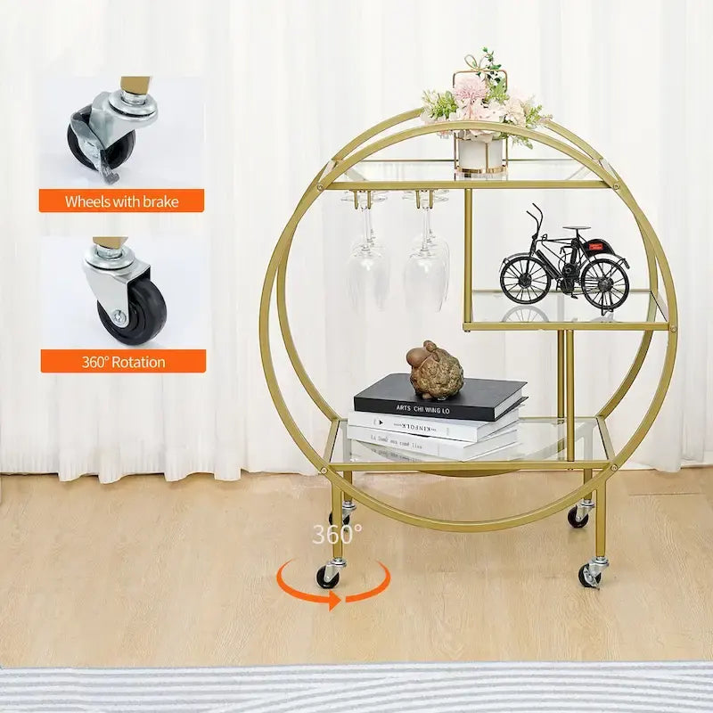 Round 3-Tier Glass Shelf Bar Cart with Gold or Black Metal Frame
