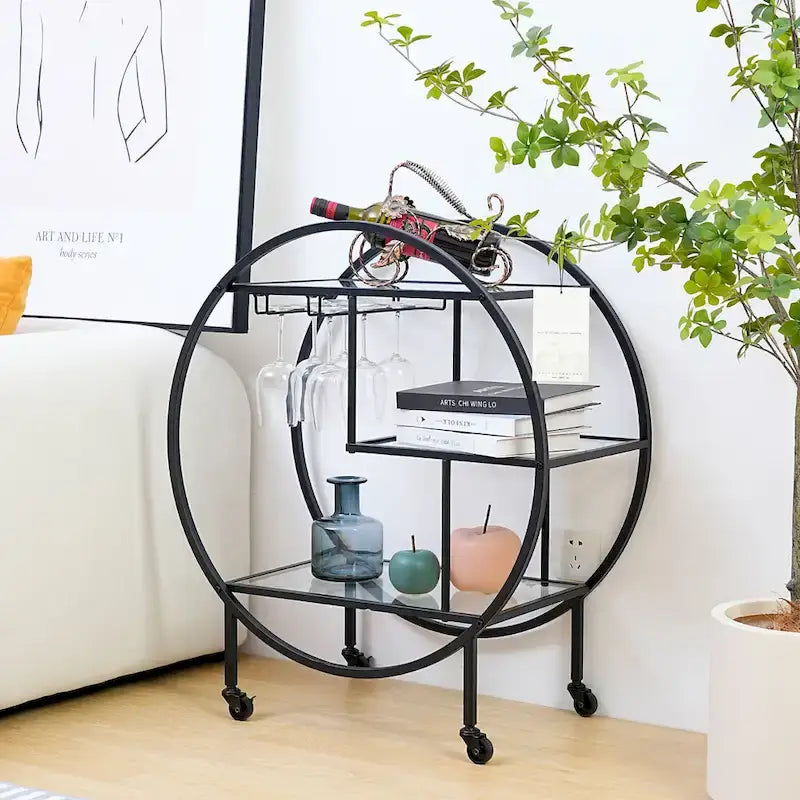 Round 3-Tier Glass Shelf Bar Cart with Gold or Black Metal Frame