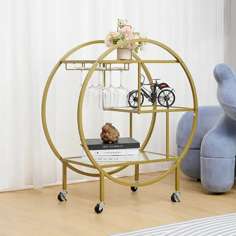 Round 3-Tier Glass Shelf Bar Cart with Gold or Black Metal Frame