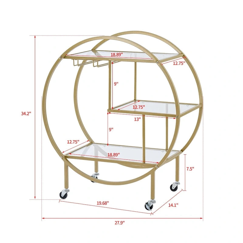Round 3-Tier Glass Shelf Bar Cart with Gold or Black Metal Frame