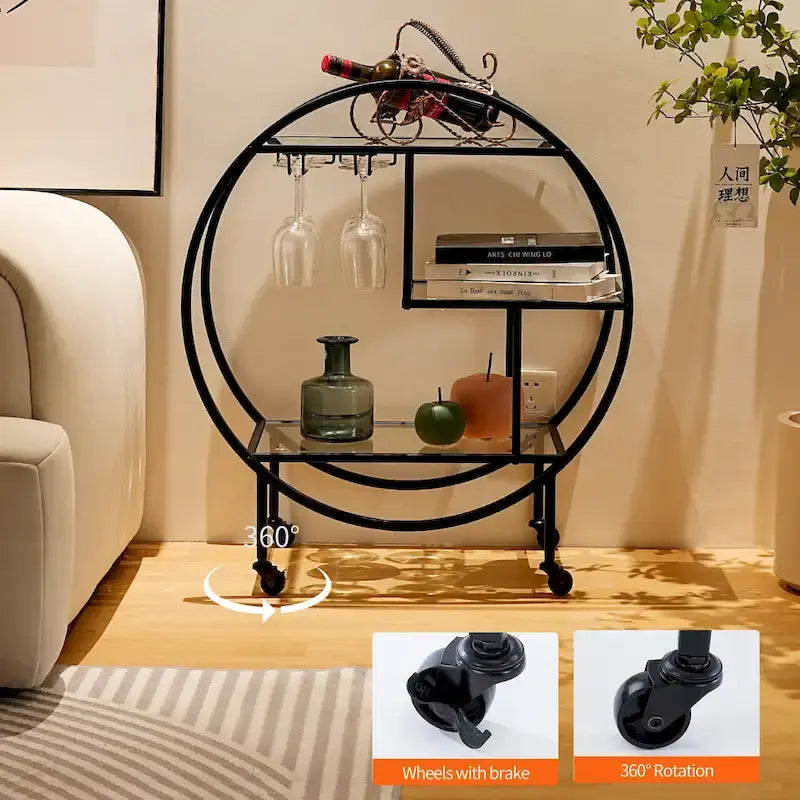 Round 3-Tier Glass Shelf Bar Cart with Gold or Black Metal Frame