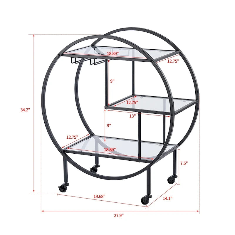 Round 3-Tier Glass Shelf Bar Cart with Gold or Black Metal Frame