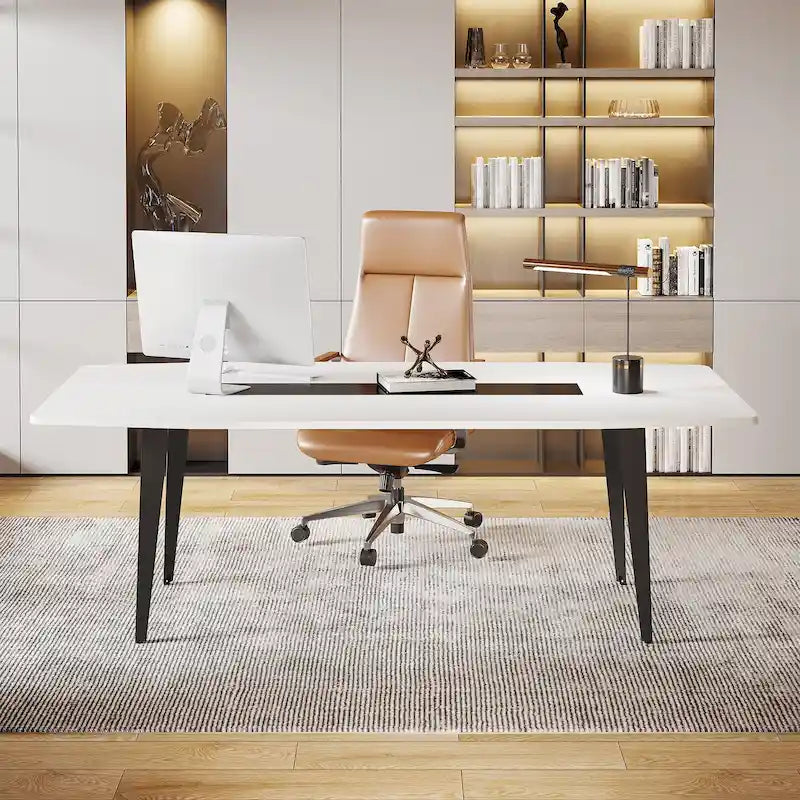 71-Inch Boat-Shape Office Desk with Metal Legs, White