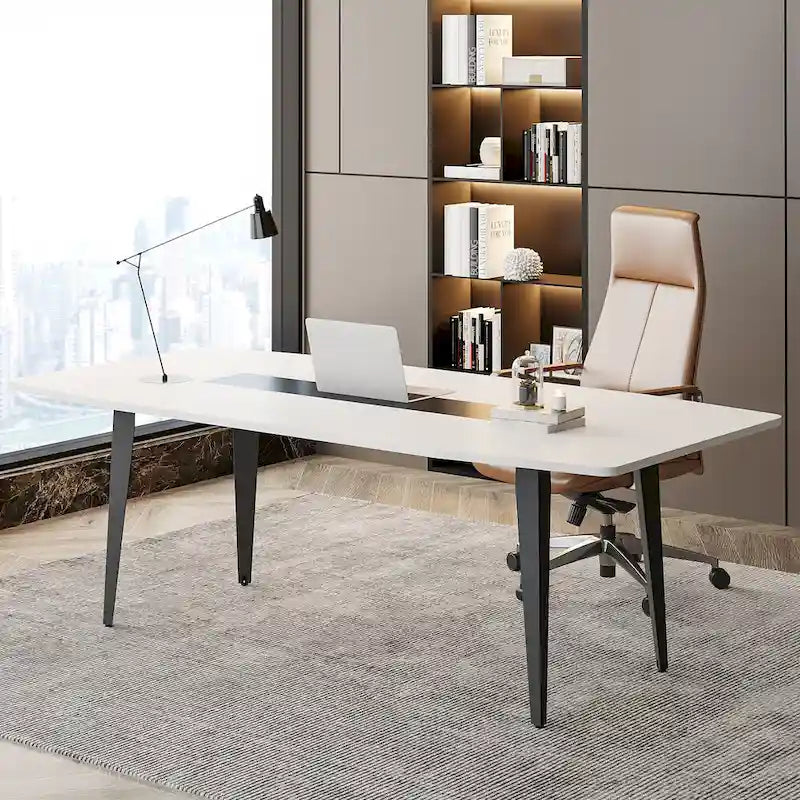 71-Inch Boat-Shape Office Desk with Metal Legs, White