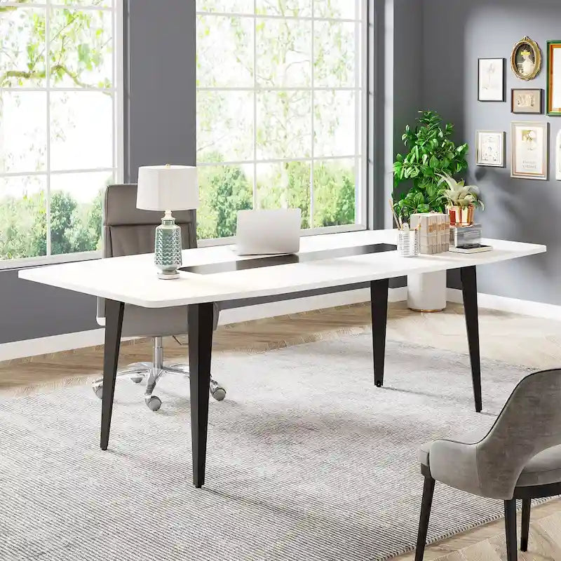 71-Inch Boat-Shape Office Desk with Metal Legs, White