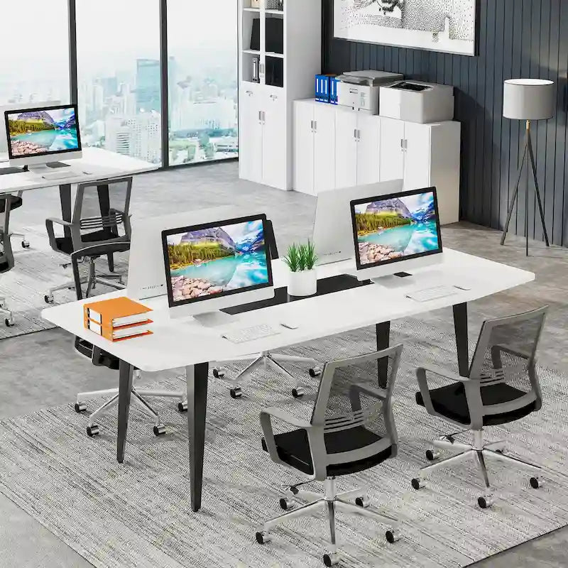 71-Inch Boat-Shape Office Desk with Metal Legs, White