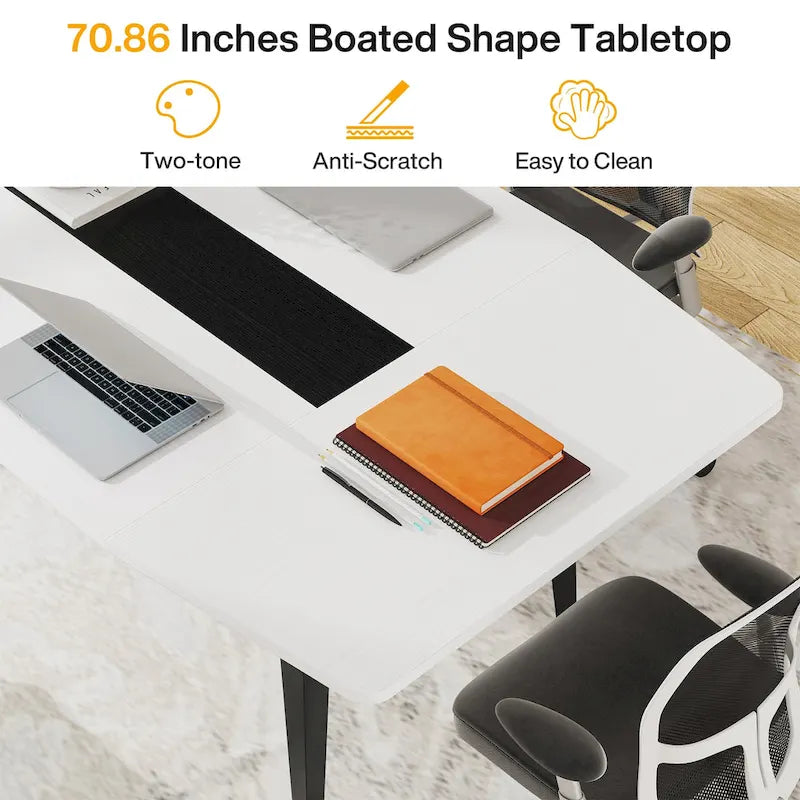 71-Inch Boat-Shape Office Desk with Metal Legs, White