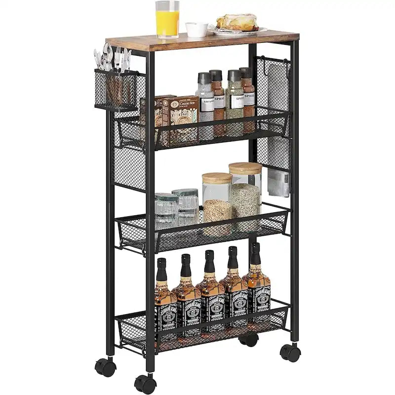 4-Tier Slim Rolling Kitchen Cart with Wire Baskets and Wood Top