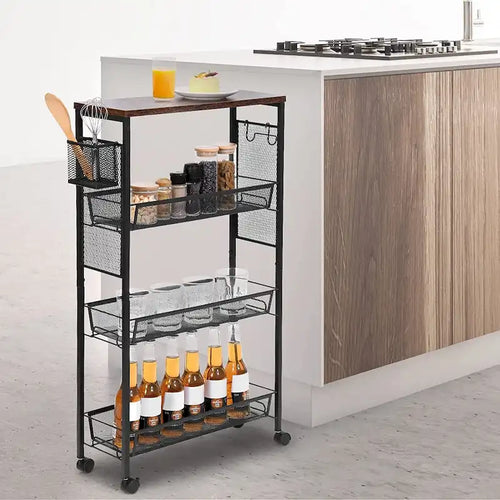 4-Tier Slim Rolling Kitchen Cart with Wire Baskets and Wood Top