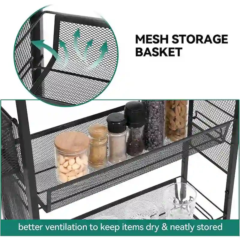4-Tier Slim Rolling Kitchen Cart with Wire Baskets and Wood Top