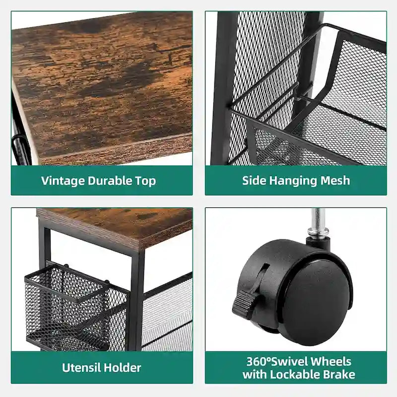 4-Tier Slim Rolling Kitchen Cart with Wire Baskets and Wood Top