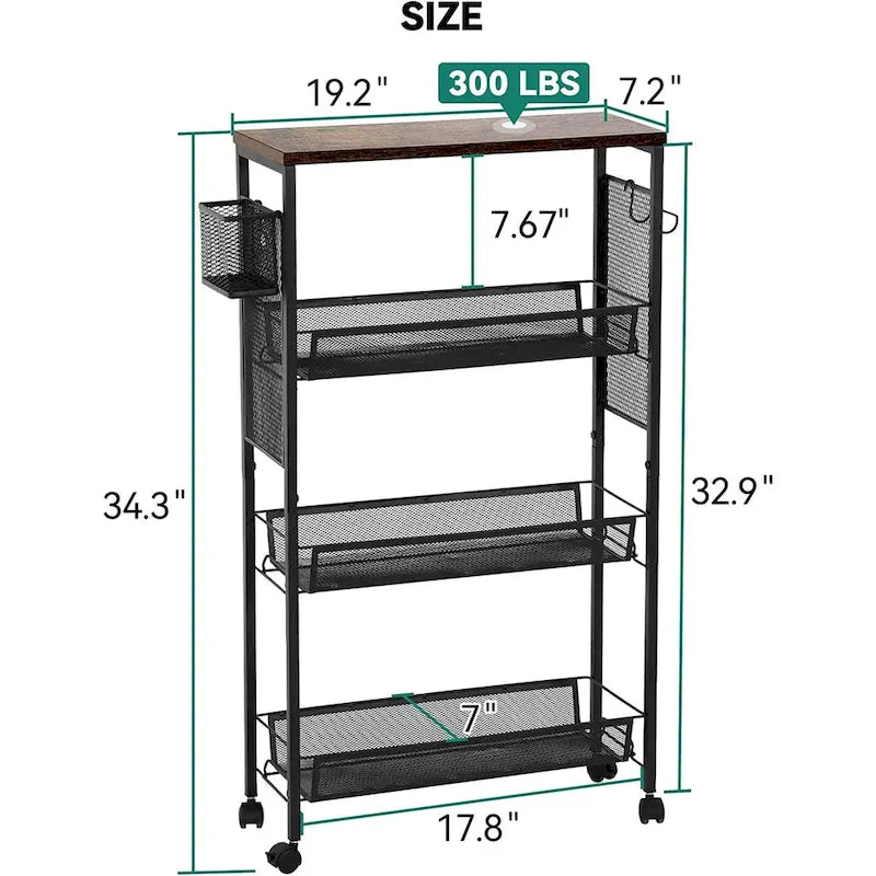 4-Tier Slim Rolling Kitchen Cart with Wire Baskets and Wood Top