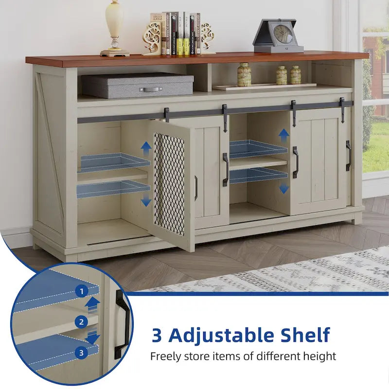 Farmhouse Industrial Buffet Sideboard with Barn Doors and Adjustable Shelves