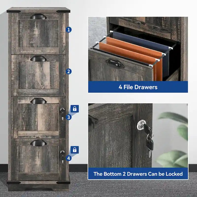 4-Drawer Rustic Wood Vertical File Cabinet with Lock