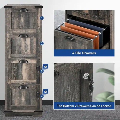 4-Drawer Rustic Wood Vertical File Cabinet with Lock