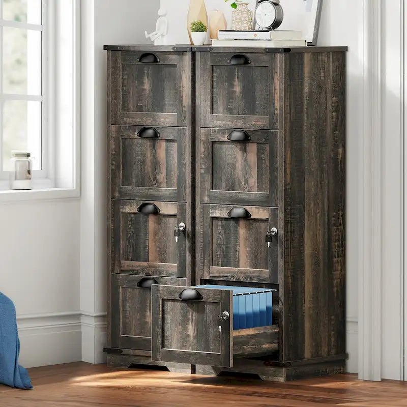 4-Drawer Rustic Wood Vertical File Cabinet with Lock