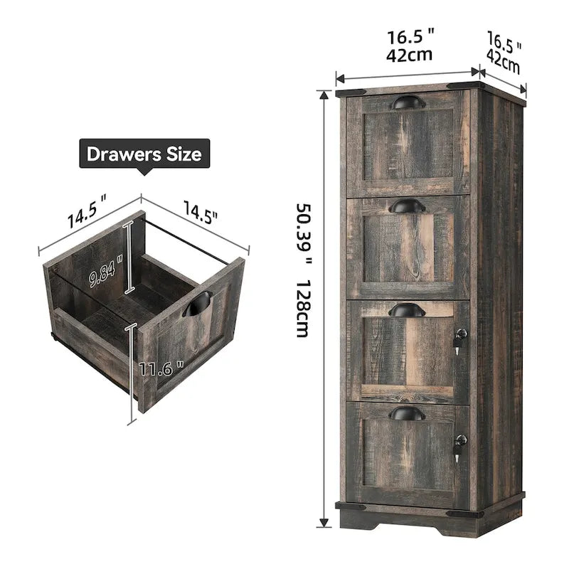 4-Drawer Rustic Wood Vertical File Cabinet with Lock