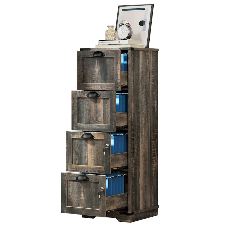 4-Drawer Rustic Wood Vertical File Cabinet with Lock