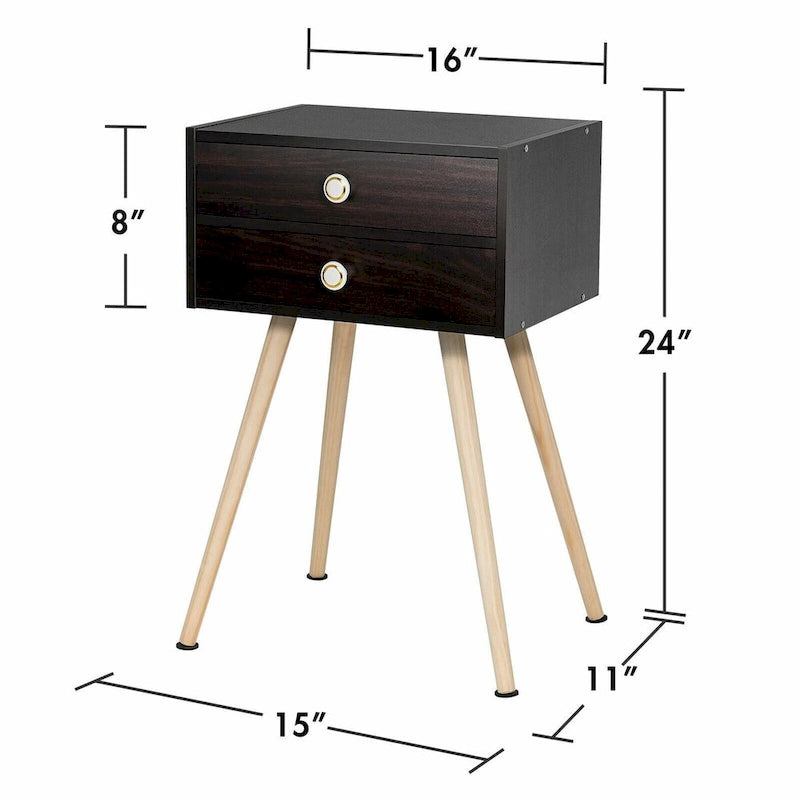 Mid-Century Modern 2-Drawer Nightstand with Solid Wood Legs, Brown