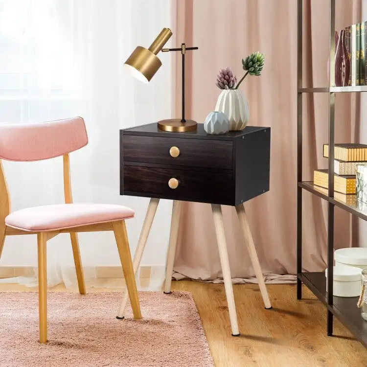 Mid-Century Modern 2-Drawer Nightstand with Solid Wood Legs, Brown