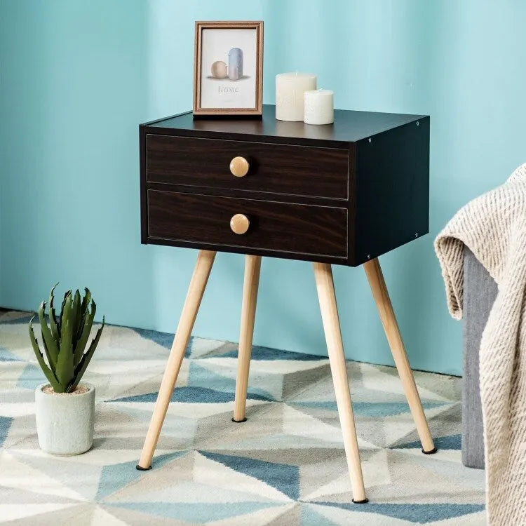 Mid-Century Modern 2-Drawer Nightstand with Solid Wood Legs, Brown
