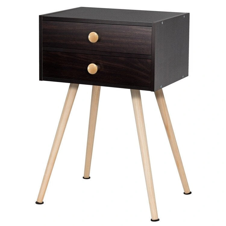 Mid-Century Modern 2-Drawer Nightstand with Solid Wood Legs, Brown