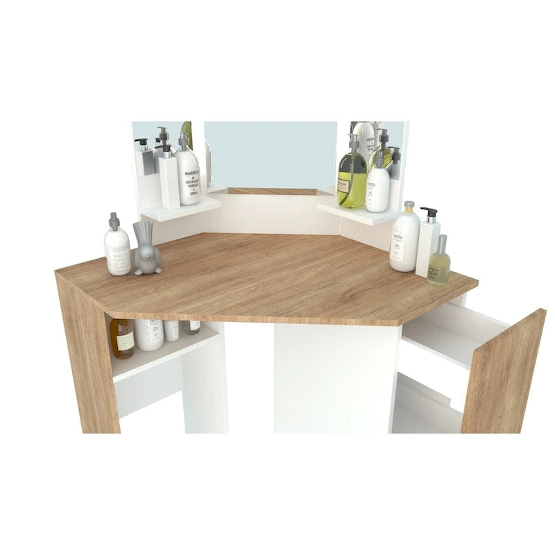 Corner Storage Makeup Vanity with LED Lights and 3-Panel Mirror