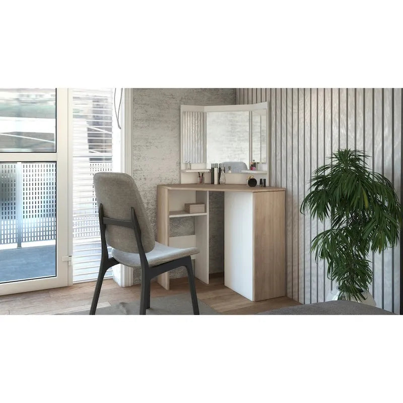 Corner Storage Makeup Vanity with LED Lights and 3-Panel Mirror