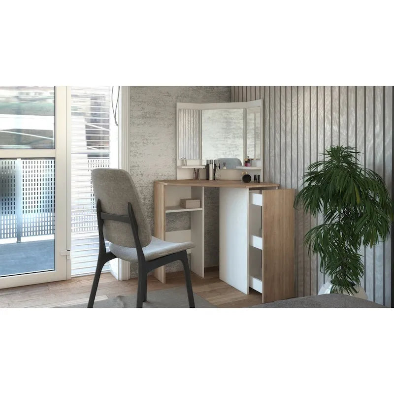 Corner Storage Makeup Vanity with LED Lights and 3-Panel Mirror