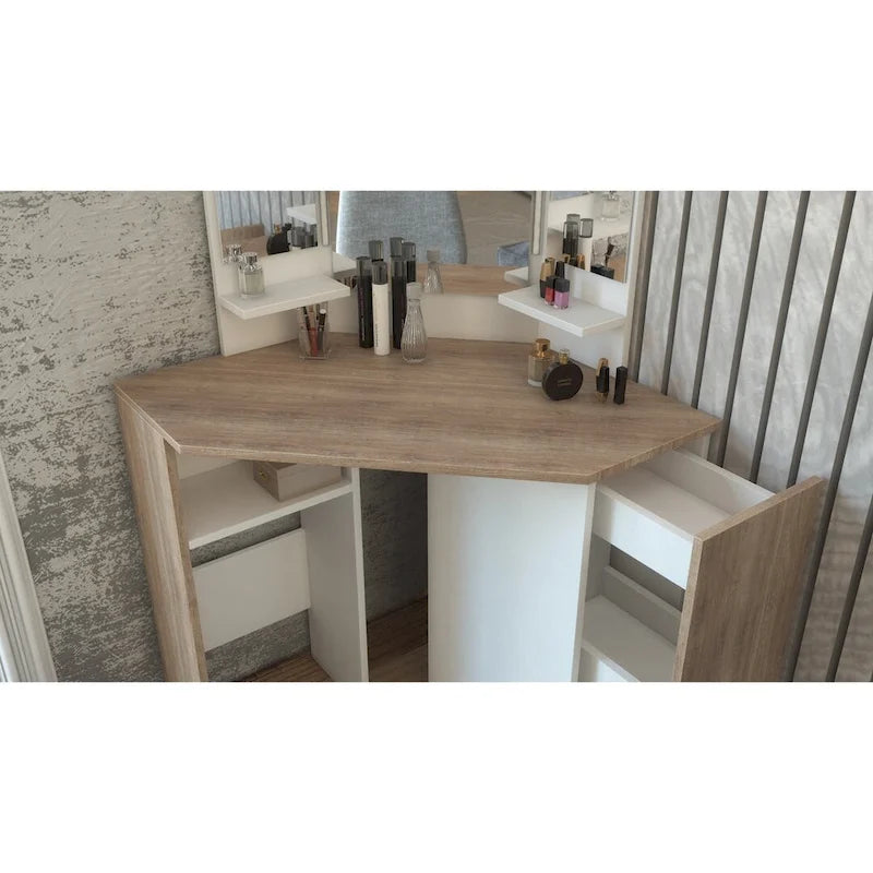 Corner Storage Makeup Vanity with LED Lights and 3-Panel Mirror