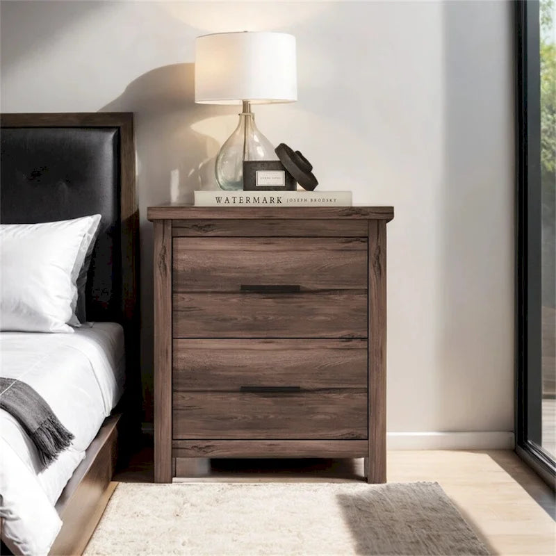 2-Drawer Vintage Wood-Texture Nightstand with Large Storage