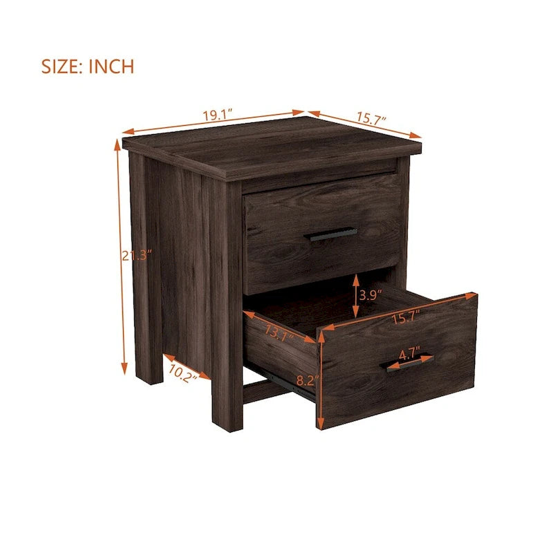 2-Drawer Vintage Wood-Texture Nightstand with Large Storage