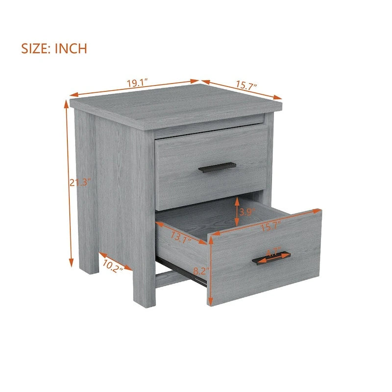 2-Drawer Vintage Wood-Texture Nightstand with Large Storage