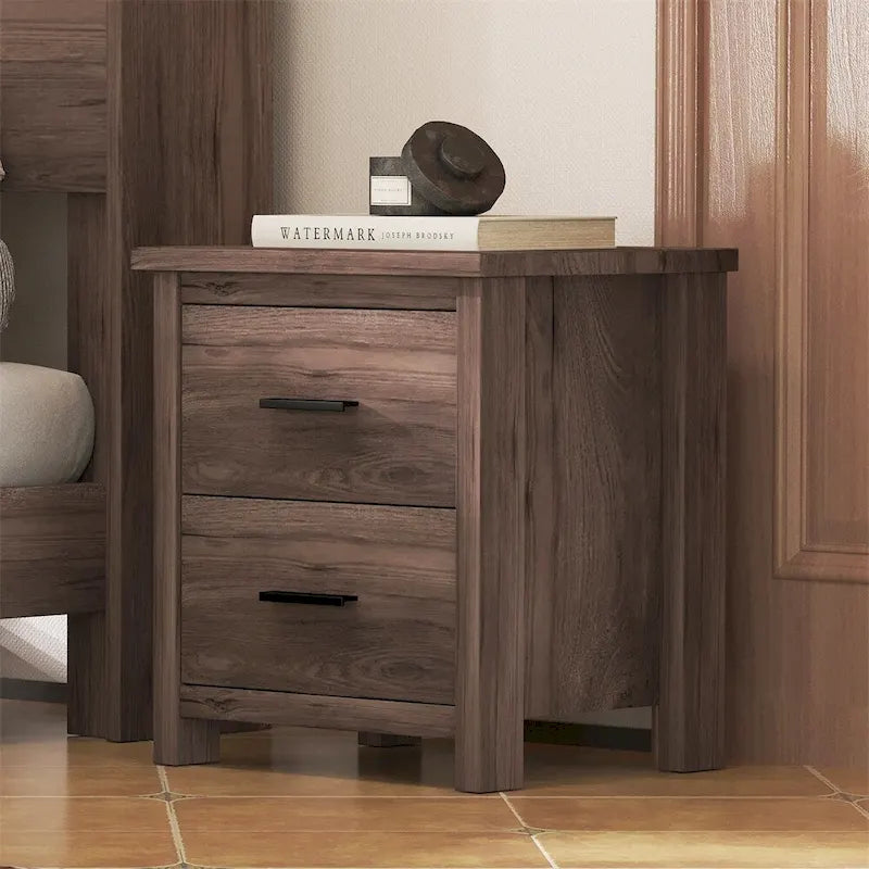 2-Drawer Vintage Wood-Texture Nightstand with Large Storage