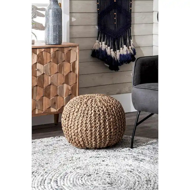 Knitted Solid Jute Ottoman Pouf, Multiple Colors