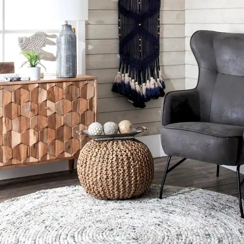 Knitted Solid Jute Ottoman Pouf, Multiple Colors