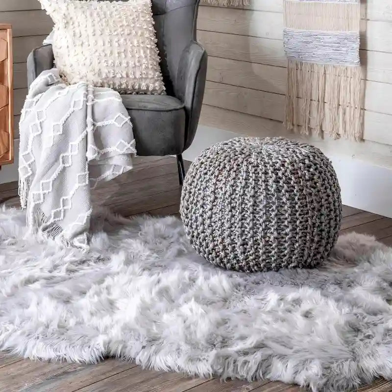 Knitted Solid Jute Ottoman Pouf, Multiple Colors
