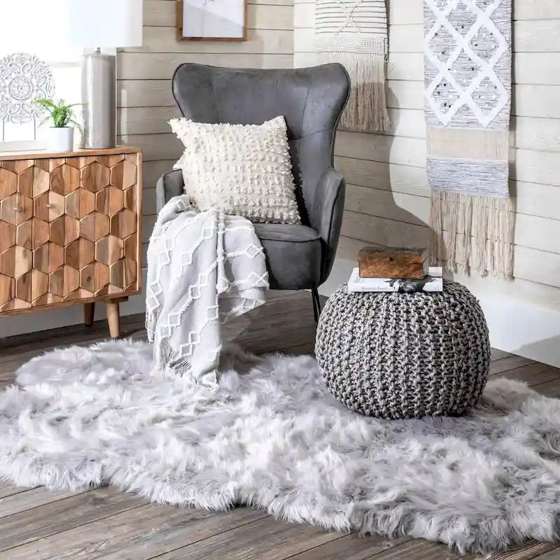 Knitted Solid Jute Ottoman Pouf, Multiple Colors