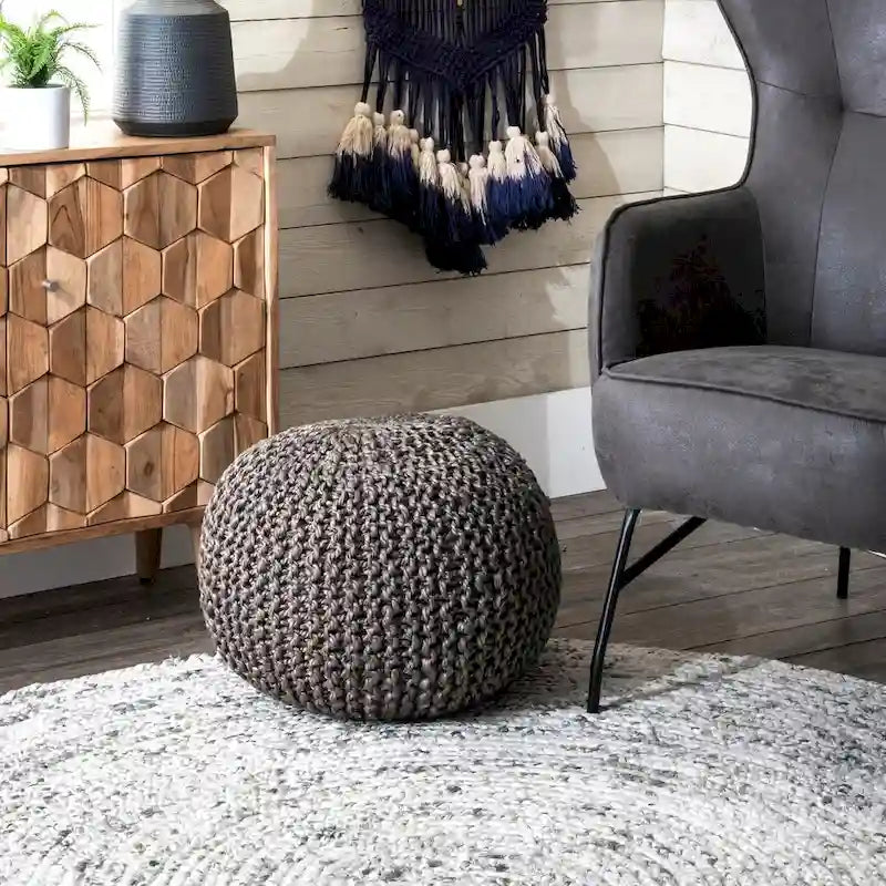 Knitted Solid Jute Ottoman Pouf, Multiple Colors