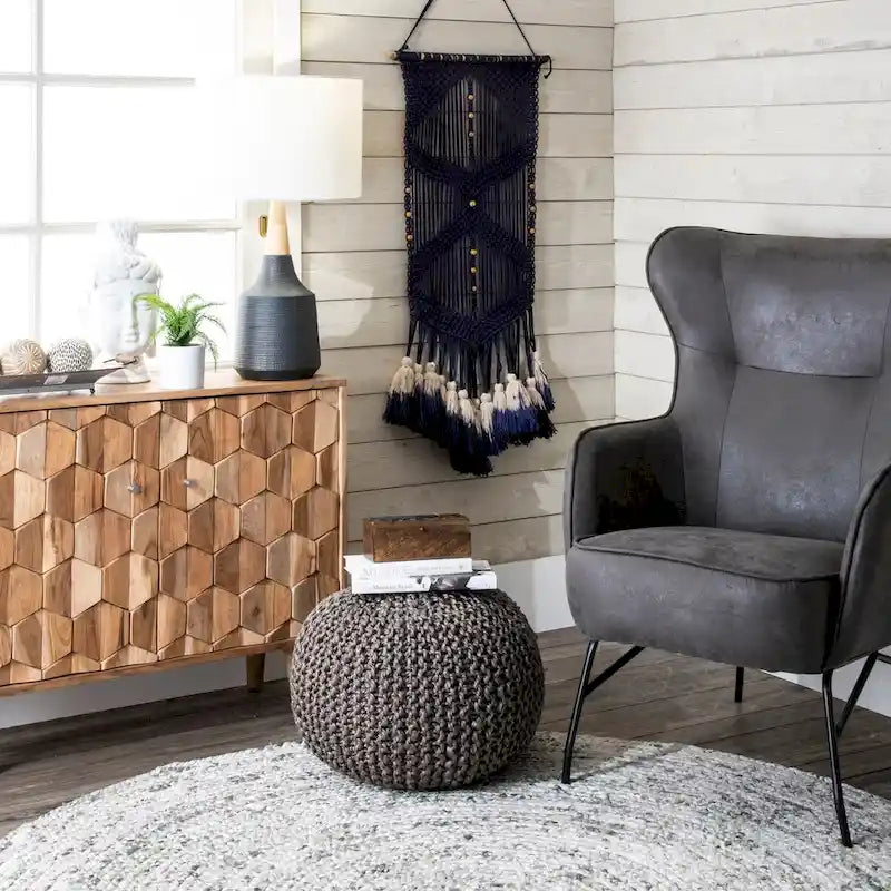 Knitted Solid Jute Ottoman Pouf, Multiple Colors