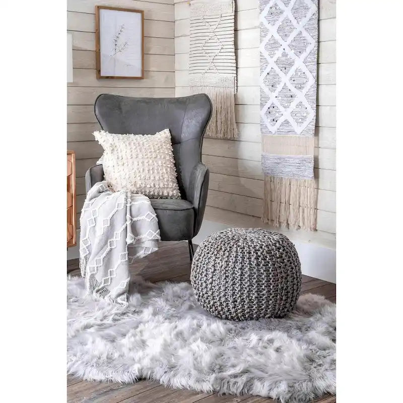 Knitted Solid Jute Ottoman Pouf, Multiple Colors