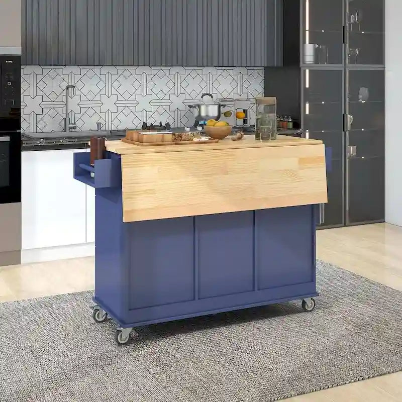 Rolling Kitchen Island with Drop Leaf, 3 Drawers and Solid Wood Top, Multiple Colors