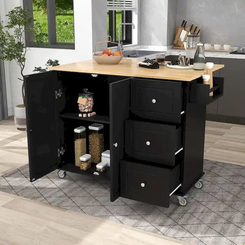 Rolling Kitchen Island with Drop Leaf, 3 Drawers and Solid Wood Top, Multiple Colors