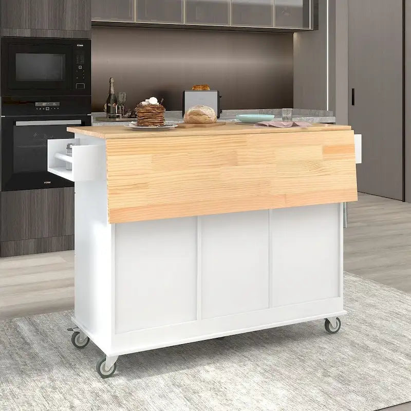 Rolling Kitchen Island with Drop Leaf, 3 Drawers and Solid Wood Top, Multiple Colors